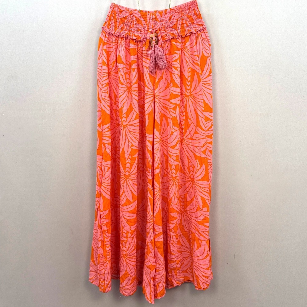 True Destinations Womens Small Orange Pink Tropical Palm Wide Leg Palazzo Pants